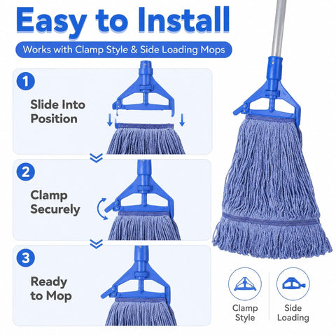 Installation guide for 2 Pack Heavy Duty Mop Head Replacement For Commercial Cleaning with clamp style attachment.