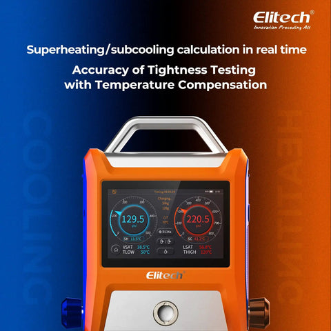 EMG-20V 2-Valve HVAC Manifold With 5 Inch Touchscreen, Bluetooth App Enabled Pro Grade Digital Gauge Kit For Real Time Pressure Temperature And Vacuum Readouts, Graphical Data, Export, And On The Fly Analysis, orange front view