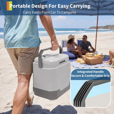 Person carrying Heavy Duty 35 QT Portable Electric Cooler And Warmer For Cars Trucks And Homes 12V 110V Thermoelectric Fridge Box With Power Cord Gray on beach.