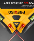 Front view of Square Laser Level for Floors and Tile Projection 30 Ft Red Beam with 90 Degree Layout Guide, Pro Grade Magnetic Square Tool, Built In Bubble Vials, Leveling Plate, Wall Panel Stand and Battery Included showing red beams and bubble vials.