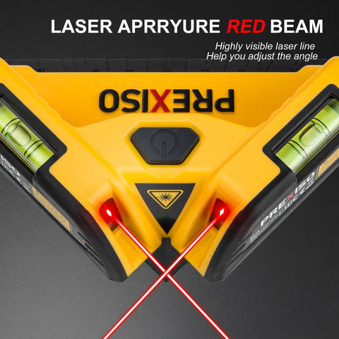 Front view of Square Laser Level for Floors and Tile Projection 30 Ft Red Beam with 90 Degree Layout Guide, Pro Grade Magnetic Square Tool, Built In Bubble Vials, Leveling Plate, Wall Panel Stand and Battery Included showing red beams and bubble vials.
