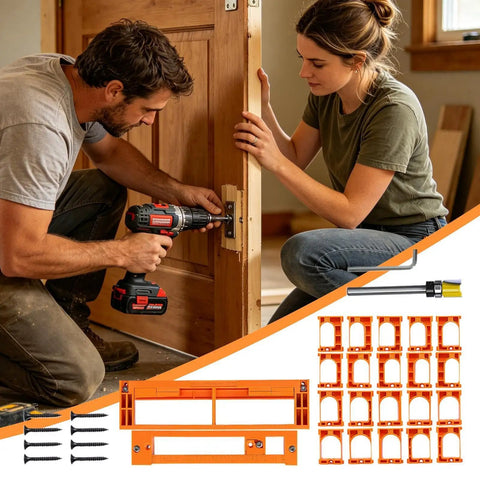 Man and woman using Adjustable Concealed Hinge Router Template For Seamless Cabinet Doors and Reusable Woodworking Guides during installation.