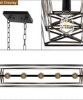 Close-up and bottom view of Farmhouse Style 33.5 Inch Five Light Linear Chandelier With Retro Wood Texture for dining room