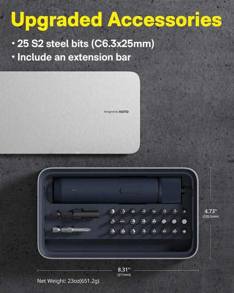 Opened Workhorse Cordless Electric Screwdriver Kit With One Quarter Inch Hex Bits 25 Piece S2 Steel Set shown with lid.