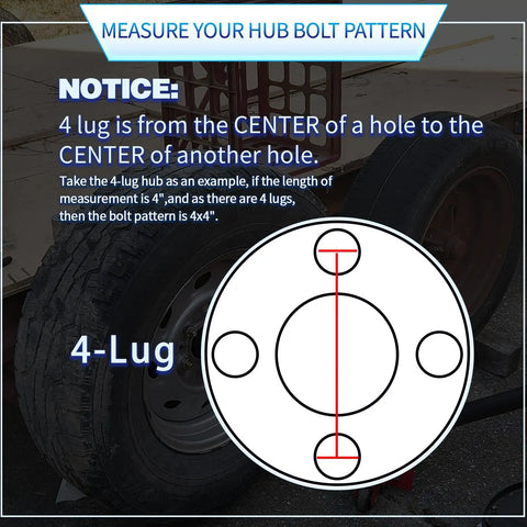 Image showing measurement instructions for 4-lug trailer wheel bolt pattern, highlighting 4 on 4 inch configuration.