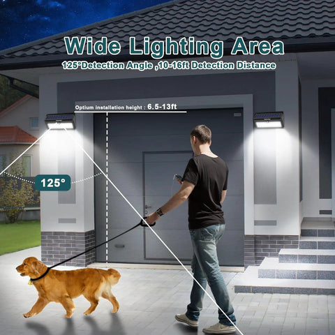 Solar Powered Outdoor Lights With 100 LEDs And 2000 Lumens illuminating garage with motion sensor flood lights, wide coverage