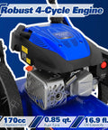 Close-up of the 170cc 4-cycle OHV engine on the Workhorse Heavy Duty Walk Behind Gas String Trimmer with blue casing.