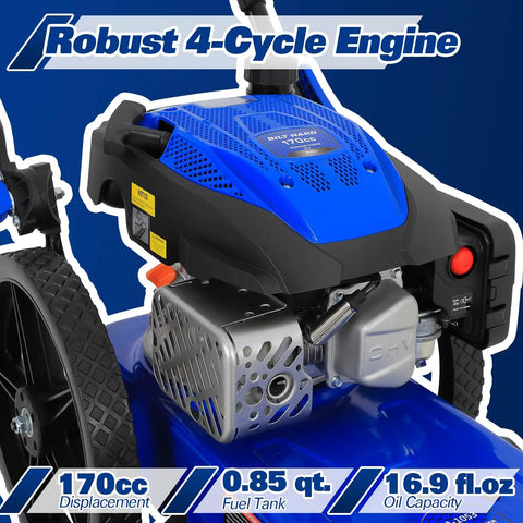 Close-up of the 170cc 4-cycle OHV engine on the Workhorse Heavy Duty Walk Behind Gas String Trimmer with blue casing.
