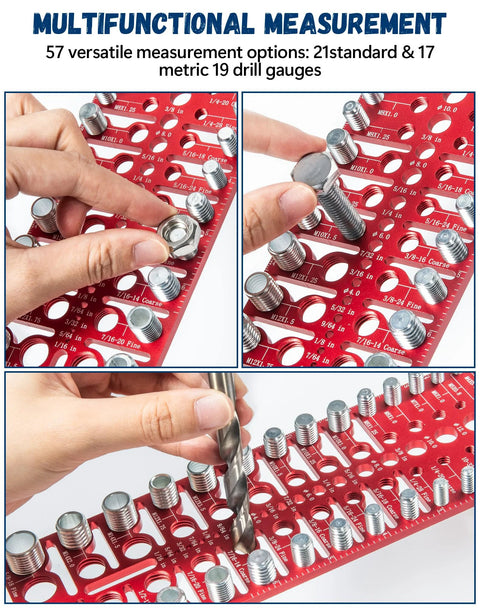 Red 57-in-1 nut and bolt thread gauge with standard and metric holes; shown with bolts