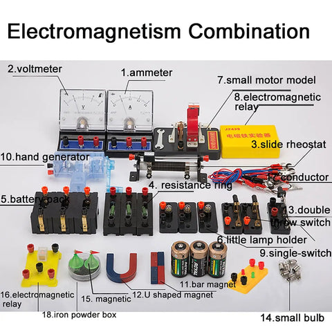 Solid Gear 86 Piece High School Physics Lab Kit Bundle For Optics Electromagnetism Mechanics And Thermal Science Exploration With Pressure Gauge And Electromagnet Experimenter Tools including various electromagnetic components.