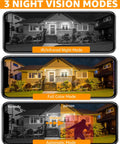 Image showing 3 night vision modes of 2 Pack Light Bulb Security Camera System Wireless WiFi Outdoor With Audio 3MP Ultra Clear Picture Automatic Humanoid Tracking Full Color Night Vision No Fuss Easy Install Home Security Cameras.