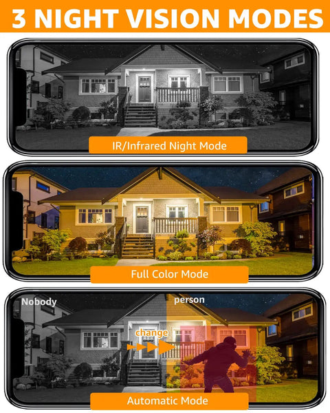 Image showing 3 night vision modes of 2 Pack Light Bulb Security Camera System Wireless WiFi Outdoor With Audio 3MP Ultra Clear Picture Automatic Humanoid Tracking Full Color Night Vision No Fuss Easy Install Home Security Cameras.