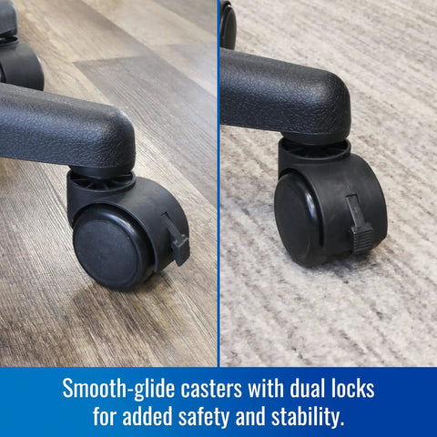 Heavy Duty Stainless Steel Rolling IV Pole Stand With Built Tough Four Prong Holders And Quick Glide Casters close-up of smooth-glide casters with dual locks.