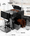 Fully Automatic Espresso Machine With Built In Conical Grinder And Auto Foaming Milk Wand Brews Eighteen Lattes Cappuccinos And Bold Roasts Via Simple Button Push Featuring Quick Self Cleaning Cycle And Sleek Silver Housing For Zero Fuss Daily Coffee with visible water tank, touch screen panel, and coffee components.