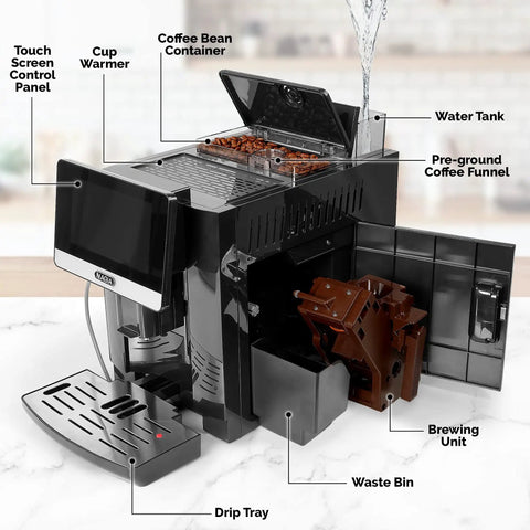 Fully Automatic Espresso Machine With Built In Conical Grinder And Auto Foaming Milk Wand Brews Eighteen Lattes Cappuccinos And Bold Roasts Via Simple Button Push Featuring Quick Self Cleaning Cycle And Sleek Silver Housing For Zero Fuss Daily Coffee with visible water tank, touch screen panel, and coffee components.