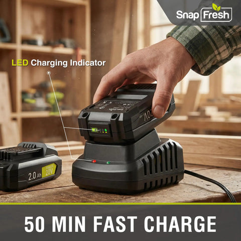 20V Cordless Leaf Blower With 2Ah Battery And Fast Charger in use, close-up of hand placing battery on charger with LED indicator