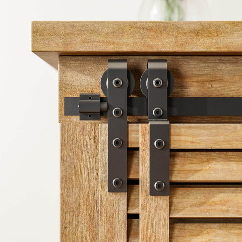 Close-up of 8Ft Bypass Mini Sliding Barn Door Hardware Kit for Two Doors, No Frills Ultra Compact Track Set on wood furniture.