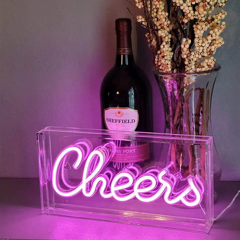 Neon Sign USB LED Light Up Bar Sign For Party Home Decor Desk Lightbox 3D Wall Neon Lamp with pink 'Cheers' text