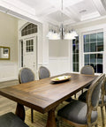 Dining room with Five Light Chandelier In Satin Nickel With Alabaster Glass Shades Dimmable Fixture For Dining Room Foyer Or Kitchen Adjustable 48 Inch Chain Modern Classic Vibe.
