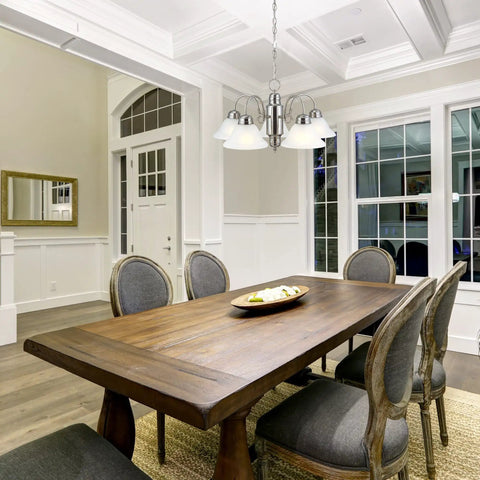 Dining room with Five Light Chandelier In Satin Nickel With Alabaster Glass Shades Dimmable Fixture For Dining Room Foyer Or Kitchen Adjustable 48 Inch Chain Modern Classic Vibe.