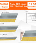 Diagram showing 15 Gauge Angled Finish Nails 34 Degree Galvanized Set 900 Pack For Pneumatic Or Electric Nailer Assorted Sizes.