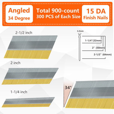 Diagram showing 15 Gauge Angled Finish Nails 34 Degree Galvanized Set 900 Pack For Pneumatic Or Electric Nailer Assorted Sizes.