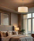 Pearl 18 Inch Modern 3 Light Drum Pendant Chandelier With White Textured Shade Glass Diffuser Adjustable Height LED Compatible Brushed Nickel Finish For Modern Living Rooms in bedroom setting