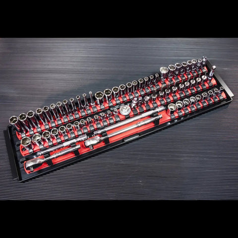 18 Inch Socket Organizer Tray With 3 Rails And Twist Lock Clips Keeps 57 Sockets Locked In Tight For One Quarter Inch Three Eighths Inch And One Half Inch Drives SAE And Metric Storage With Labels Blue Toolbox Organizer For Quick Tidy Setups.