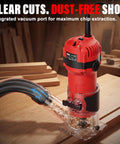 Powerful 6.5 Amp Compact Wood Router Tool For Woodworking With 6 Variable Speeds and 15 Piece Tungsten Carbide Bits, showing integrated vacuum port.