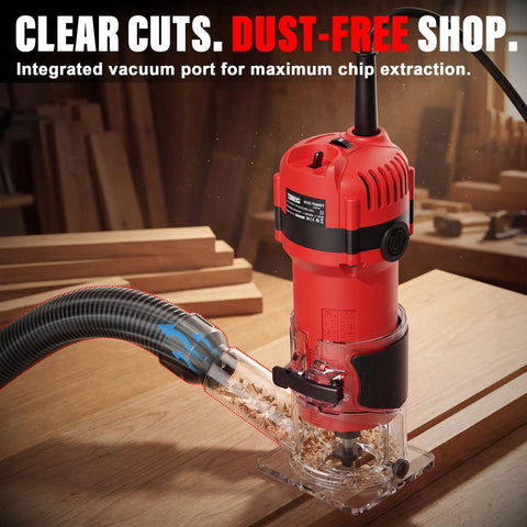 Powerful 6.5 Amp Compact Wood Router Tool For Woodworking With 6 Variable Speeds and 15 Piece Tungsten Carbide Bits, showing integrated vacuum port.