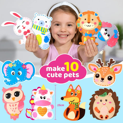 Child holding felt animals from Kids Sewing Kit For Beginners With 10 Easy DIY Felt Animal Projects And Guiding Book.