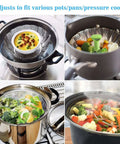 Vegetable Steamer Basket For Cooking Stainless Steel Folding Expandable Steaming Insert With Extendable Handle Fits Pots 5.1 To 9 Inches Non Rust Easy Clean Healthier Meals And Even Cooking in various pots with vegetables.