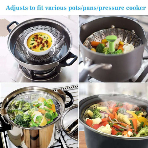 Vegetable Steamer Basket For Cooking Stainless Steel Folding Expandable Steaming Insert With Extendable Handle Fits Pots 5.1 To 9 Inches Non Rust Easy Clean Healthier Meals And Even Cooking in various pots with vegetables.