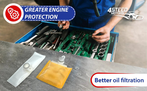 Mechanic organizing tools with oil filtration products showcasing greater engine protection.