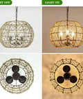 Image of a Rustic Woven Pendant Light With Hemp Rope Finish For A Coastal Beachy Vibe 3 Light Metal Basket Fixture On Adjustable 39 Inch Chain Vintage Chandeliers For Kitchen Dining Table Living Room E12 Base, shown with lights off and on.