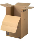 Heavy Duty Tape Free Wardrobe Moving Boxes 3 Pack With Sturdy Hanging Rail And Grippy Handles with an open cardboard box