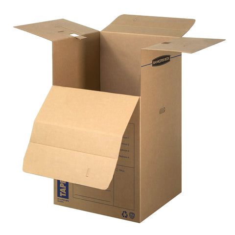 Heavy Duty Tape Free Wardrobe Moving Boxes 3 Pack With Sturdy Hanging Rail And Grippy Handles with an open cardboard box