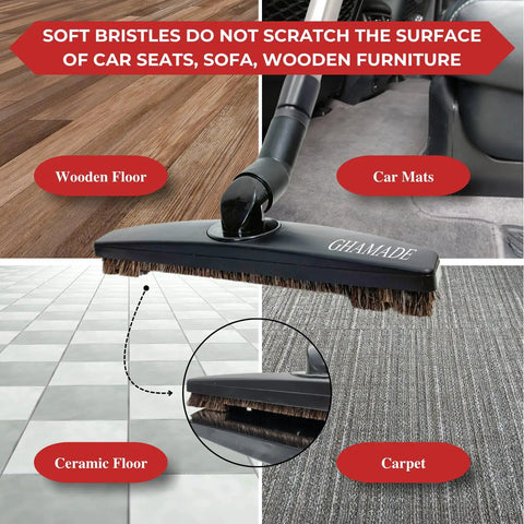 All In One Vacuum Attachment Kit With Horsehair Hardwood Floor Brush cleaning wood, car mats, ceramic, and carpet surfaces