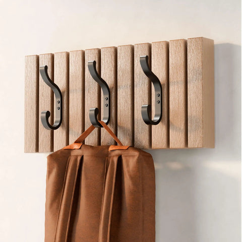 Heavy Duty Wall Mount Coat Hooks Set Of 4, Each Holds Up To 30 Lbs, wide rugged hanger hooks on wood panel holding coat