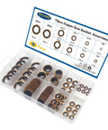 Copper Bonded Seal Washer Set, 78-Piece Automotive Gasket Assortment in 10 Sizes, organized in a plastic box with chart label