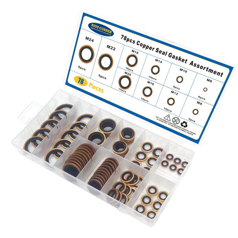 Copper Bonded Seal Washer Set, 78-Piece Automotive Gasket Assortment in 10 Sizes, organized in a plastic box with chart label