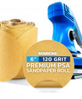 Roll of 6 inch 120 grit premium PSA sandpaper next to a blue power sander