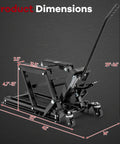 Beefed Up 1500 Lbs Hydraulic Motorcycle Lift dimensions with long handle, footplates, four wheels for dirt bikes, ATVs, UTVs.