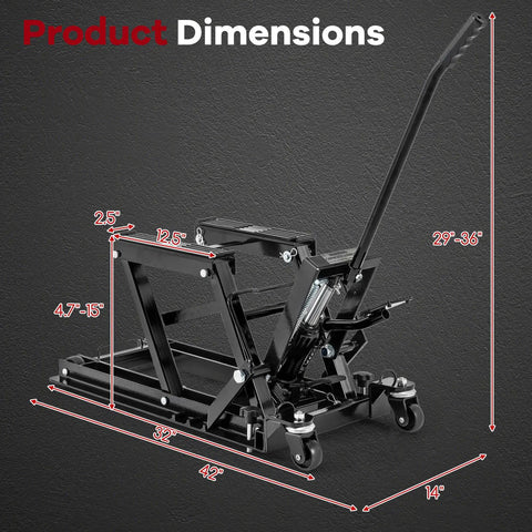 Beefed Up 1500 Lbs Hydraulic Motorcycle Lift dimensions with long handle, footplates, four wheels for dirt bikes, ATVs, UTVs.