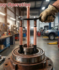 Badass 36 In 1 Bearing Puller Kit With Adjustable Jaw Heads For Blind Hole And Gear Removal To Make Stubborn Shaft Tasks A Total Piece of Cake For Car Guys And DIY Home Mechanics Needing Reliability And Easy Grip For Tough Everyday Jobs Now. Bearing puller removing a steel bearing from a housing in a workshop.
