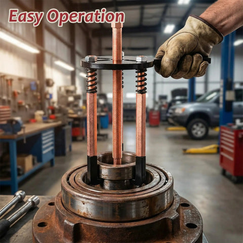 Badass 36 In 1 Bearing Puller Kit With Adjustable Jaw Heads For Blind Hole And Gear Removal To Make Stubborn Shaft Tasks A Total Piece of Cake For Car Guys And DIY Home Mechanics Needing Reliability And Easy Grip For Tough Everyday Jobs Now. Bearing puller removing a steel bearing from a housing in a workshop.