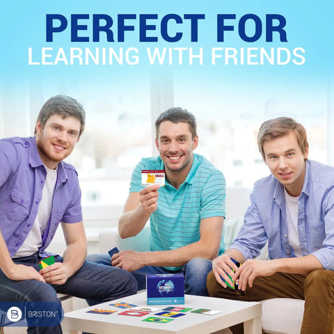 Three people using Ultimate Geography Flash Cards Set With Flags Capitals Currencies And Populations 290 Cards For Global Nations And US States