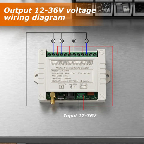 Four Channel 433 MHz Wireless Relay Switch Remote Control For Garage Door Opener And Industrial Control With 12V 24V 36V DC Compatibility Up To 600 Feet Long Range Transmitter wiring diagram, 4-channel module