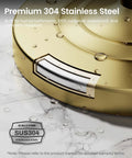 Close-up of premium 304 stainless steel heavy duty freestanding toilet paper holder stand in matte gold finish.
