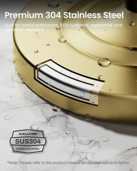 Close-up of premium 304 stainless steel heavy duty freestanding toilet paper holder stand in matte gold finish.